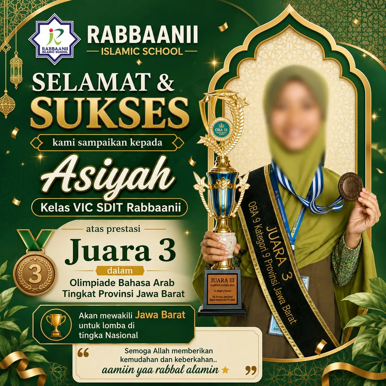 Membanggakan! Ananda Asiyah Raih Juara 3 Olimpiade Bahasa Arab Tingkat Jawa Barat dan Melaju ke Tingkat Nasional