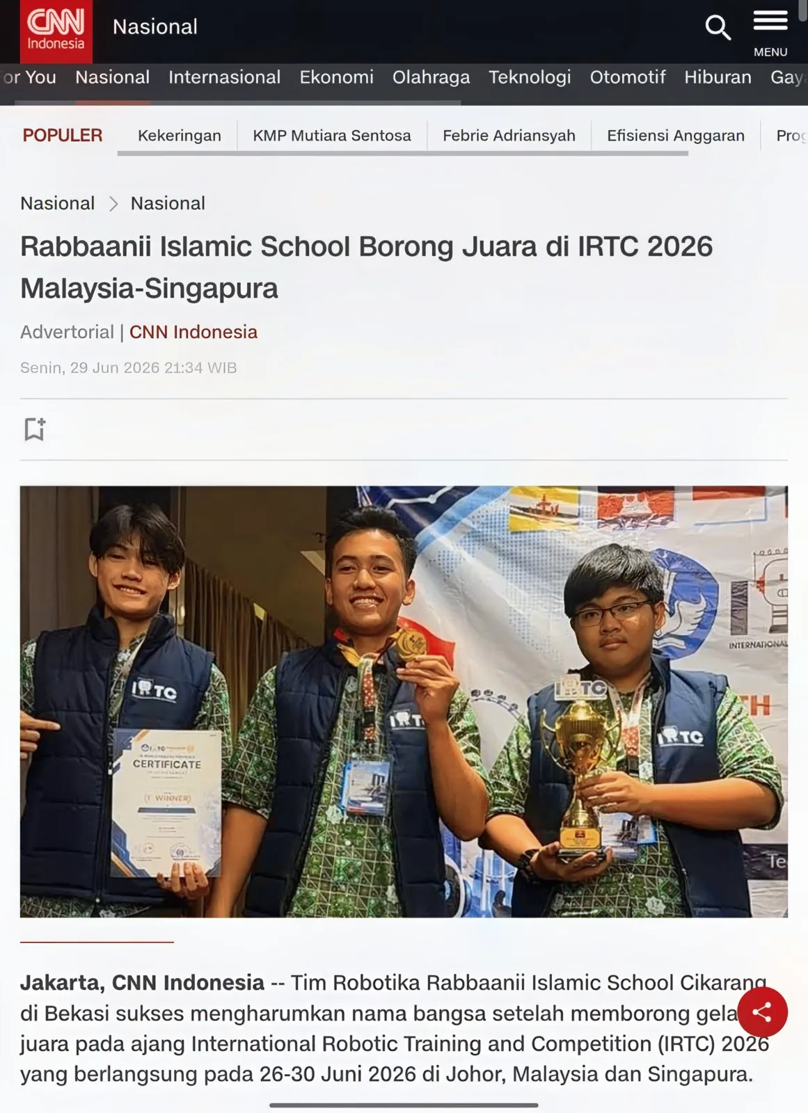 Juara di IRTC 2026 Malaysia-Singapura